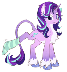 Size: 840x901 | Tagged: safe, artist:hioshiru, starlight glimmer, classical unicorn, pony, unicorn, alternate design, chest fluff, clothes, ear fluff, female, heart, leonine tail, looking back, mare, one hoof raised, redesign, simple background, sock, socks, solo, striped socks, unshorn fetlocks, white background