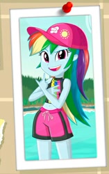 Size: 282x449 | Tagged: safe, artist:charliexe, derpibooru import, rainbow dash, equestria girls, equestria girls series, forgotten friendship, belly button, board shorts, clothes, cropped, cute, dashabetes, description is relevant, gesture, shorts, solo, swimsuit, the undisputed era, wwe