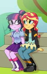 Size: 3156x5000 | Tagged: safe, artist:hyperion-jack, sci-twi, sunset shimmer, twilight sparkle, equestria girls, blushing, cute, female, lesbian, looking at each other, scitwishimmer, shimmerbetes, shipping, sitting, sunsetsparkle, twiabetes