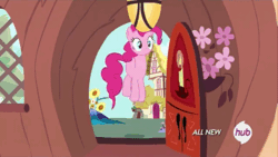 Size: 576x324 | Tagged: safe, screencap, pinkie pie, earth pony, pony, maud pie (episode), animated, door, golden oaks library, hopping, hub logo, hubble, jumping, loop, pronking, solo, the hub