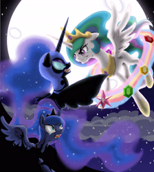 Size: 3112x3468 | Tagged: safe, artist:fangirldsq, nightmare moon, princess celestia, princess luna, alicorn, pony, elements of harmony, fight, moon