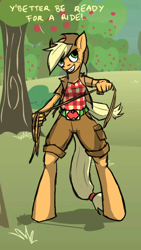 Size: 356x630 | Tagged: safe, artist:krd, applejack, anthro, unguligrade anthro, lasso, rope, solo