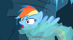 Size: 640x355 | Tagged: safe, derpibooru import, screencap, commander hurricane, rainbow dash, pegasus, pony, hearth's warming eve (episode), caption win, freezing, meme, reaction image, text, vulgar, wtf, youtube caption