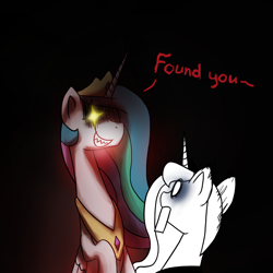 Size: 1200x1200 | Tagged: safe, artist:anticular, princess celestia, princess luna, alicorn, pony, ask sunshine and moonbeams, duo, duo female, female, grin, hide and seek, mare, peytral, scared, smiling