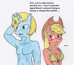 Size: 679x601 | Tagged: safe, artist:raijinsenshi, applejack, anthro, bikini, blushing, cascos, cleavage, clothes, female, hat, sweatdrop, swimsuit, text, traditional art