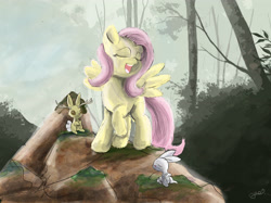 Size: 4020x3004 | Tagged: safe, artist:owlvortex, angel bunny, fluttershy, pegasus, pony, filli vanilli, eyes closed, jackalope, open mouth, raised hoof, rock, scene interpretation, singing, spread wings