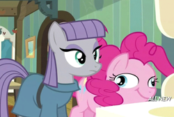 Size: 599x404 | Tagged: safe, screencap, maud pie, pinkie pie, earth pony, pony, maud pie (episode), :t, derp, female, great moments in animation, mare, ponk, smear frame, smiling, wat