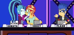 Size: 1294x618 | Tagged: safe, artist:bigpurplemuppet99, flash sentry, sonata dusk, sunset shimmer, equestria girls, female, kissing, lesbian, match game, shipping, sunata