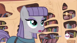 Size: 576x324 | Tagged: safe, screencap, maud pie, pinkie pie, earth pony, pony, maud pie (episode), animated, book, golden oaks library, hub logo, hubble, ladder, subtitles, the hub