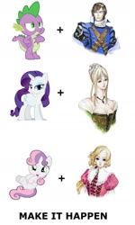 Size: 1066x1777 | Tagged: safe, rarity, spike, sweetie belle, dragon, pony, unicorn, anette, castlevania, exploitable meme, konami, make it happen, maria renard, meme, richter belmont