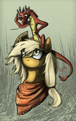 Size: 1024x1633 | Tagged: safe, artist:slawomiro, applejack, dragon, earth pony, pony, chinese dragon, disney princess, mulan, mushu