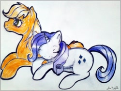 Size: 900x675 | Tagged: safe, applejack, rarity, earth pony, pony, unicorn, female, lesbian, rarijack, shipping, traditional art