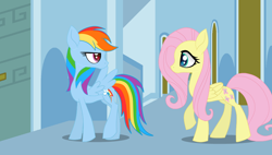 Size: 1024x580 | Tagged: safe, artist:galacticflashd, derpibooru import, fluttershy, rainbow dash, pegasus, pony, bored, cute, dashabetes, duo, duo female, female, looking at each other, rainbow dash is not amused, rainbow dash's house, shyabetes, unamused