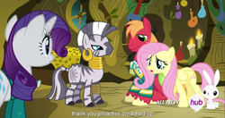 Size: 1151x609 | Tagged: safe, screencap, angel bunny, big macintosh, fluttershy, rarity, zecora, earth pony, pegasus, pony, unicorn, zebra, filli vanilli, male, meme, preacher, religion, stallion, youtube caption