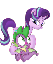 Size: 1000x1214 | Tagged: safe, artist:emositecc, spike, starlight glimmer, dragon, pony, unicorn, blushing, eye contact, female, looking at each other, male, mare, shipping, simple background, sparlight, straight, transparent background, winged spike