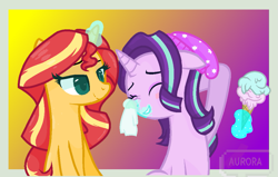 Size: 1055x669 | Tagged: safe, artist:crystalllight, starlight glimmer, sunset shimmer, pony, equestria girls, mirror magic, rarity investigates, spoiler:eqg specials, beanie, equestria girls outfit, equestria girls ponified, female, food, hat, ice cream, lesbian, ponified, shimmerglimmer, shipping, that pony sure does love ice cream