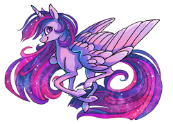 Size: 847x607 | Tagged: safe, artist:griffsnuff, derpibooru import, twilight sparkle, twilight sparkle (alicorn), alicorn, pony, ethereal mane, female, galloping, horn, mare, simple background, smiling, solo, starry mane, white background, wings