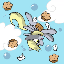 Size: 1800x1800 | Tagged: safe, artist:lordboop, derpy hooves, pegasus, pony, bag, cloud, cloudy, female, flying, letter, mare, muffin, solo