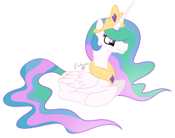 Size: 1214x956 | Tagged: safe, artist:pikachumaster, princess celestia, alicorn, pony, prone, smiling, solo