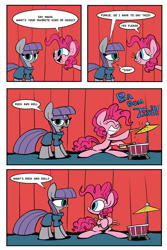 Size: 3000x4500 | Tagged: safe, artist:joeywaggoner, maud pie, pinkie pie, earth pony, pony, maud pie (episode), ba dum tss, comic, confused, cute, dialogue, drum set, drums, eye contact, eyes closed, frown, grin, hilarious in hindsight, hoof hold, lidded eyes, looking at each other, looking at you, looking back, open mouth, pinkie being pinkie, rimshot, sitting, smiling, speech bubble, squee