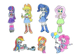 Size: 1200x849 | Tagged: safe, artist:matmax426, derpibooru import, applejack, fluttershy, pinkie pie, rainbow dash, rarity, sunset shimmer, twilight sparkle, twilight sparkle (alicorn), alicorn, equestria girls, balloon, humane five, humane seven, humane six, simple background, traditional art, white background