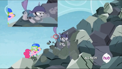 Size: 1679x949 | Tagged: safe, screencap, maud pie, pinkie pie, tom, earth pony, pony, maud pie (episode), cutie mark, equestria's best big sister, helmet, pickelhaube