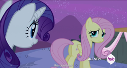 Size: 1150x610 | Tagged: safe, screencap, fluttershy, rarity, pegasus, pony, unicorn, filli vanilli, hub logo, meme, youtube caption