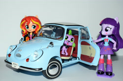 Size: 5778x3797 | Tagged: safe, artist:pmbsakura37, spike, sunset shimmer, twilight sparkle, dog, equestria girls, car, doll, equestria girls minis, eqventures of the minis, irl, photo, photography, spike the dog, subaru, subaru 360, toy
