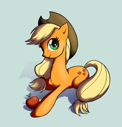 Size: 875x914 | Tagged: safe, artist:kangaeien, applejack, earth pony, pony, apple, cute, jackabetes, looking at you, obligatory apple, prone, shadow, simple background, smiling, solo