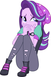 Size: 3745x5646 | Tagged: safe, artist:theartsyemporium, starlight glimmer, equestria girls, mirror magic, spoiler:eqg specials, .svg available, beanie, clothes, covering mouth, cute, female, glimmer glutes, hat, pants, pony coloring, scared, scaredy glimmer, simple background, sitting, solo, torn clothes, transparent background, vector, watch, wristwatch