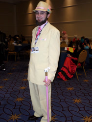 Size: 1944x2592 | Tagged: safe, angel bunny, fluttershy, human, amish pimp, cosplay, irl, irl human, katsucon, photo, rule 63