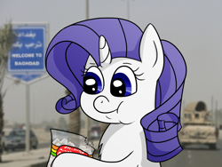 Size: 2000x1500 | Tagged: safe, artist:10art1, rarity, pony, unicorn, arabic, baghdad, filly, food, iraq, iraq war, lamppost, marshmallow, rarity using marshmallows, rarity's destiny, solo, tree, truck