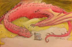 Size: 900x586 | Tagged: safe, artist:fallenangel5414, princess celestia, alicorn, dragon, pony, fanfic:the greatest treasure, colored pencil drawing, crossover, dragon hoard, duo, ethereal mane, fanfic art, female, gold, hoard, male, mare, smaug the golden, the hobbit, traditional art, treasure