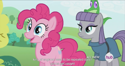 Size: 1439x762 | Tagged: safe, screencap, gummy, maud pie, pinkie pie, earth pony, pony, maud pie (episode), england, hub logo, king, meme, youtube caption