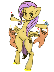 Size: 600x800 | Tagged: safe, artist:kenoi, fluttershy, bird, butterfly, pegasus, pony, bipedal, blushing, happy, heart, simple background, smiling, transparent background, victory