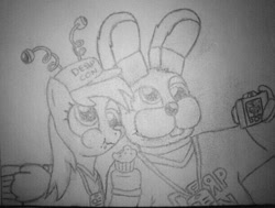 Size: 612x463 | Tagged: safe, artist:ljdamz1119, derpy hooves, pegasus, pony, crossover, derp, female, five nights at freddy's, male, mare, monochrome, selfie, straight, traditional art