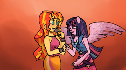 Size: 2560x1430 | Tagged: safe, artist:superpear8, sunset shimmer, twilight sparkle, twilight sparkle (alicorn), alicorn, equestria girls, rainbow rocks, blushing, female, holding hands, lesbian, lidded eyes, looking at each other, microphone, shipping, sunsetsparkle