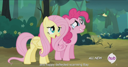 Size: 1438x762 | Tagged: safe, screencap, fluttershy, pinkie pie, earth pony, pegasus, pony, maud pie (episode), hub logo, meme, youtube caption