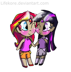 Size: 1024x1038 | Tagged: safe, artist:lifekore, sunset shimmer, twilight sparkle, equestria girls, bindi, blushing, cuddling, cute, dark skin, female, holding hands, human coloration, lesbian, one eye closed, shimmerbetes, shipping, simple background, sunsetsparkle, transparent background, twiabetes, wink