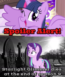 Size: 1680x1995 | Tagged: safe, edit, edited screencap, screencap, starlight glimmer, twilight sparkle, twilight sparkle (alicorn), alicorn, pony, unicorn, all bottled up, season 9, three's a crowd, abuse, description is relevant, end of ponies, fake, false spoiler, glimmerbuse, gravestone, graveyard, one eye closed, sad, speculation, spoiler alert, spread wings, starlight drama, wingboner, wings, wink