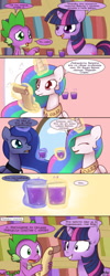 Size: 800x1999 | Tagged: safe, artist:solar-slash, derpibooru import, edit, princess celestia, princess luna, spike, twilight sparkle, unicorn twilight, alicorn, dragon, pony, unicorn, comic, cyrillic, derp, dialogue, female, frown, grin, heart, implied incest, incest, lesbian, levitation, love potion, magic, male, mare, open mouth, princest, reading, russian, shipping, smiling, telekinesis, text, translation, wide eyes, worried