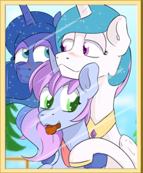 Size: 710x862 | Tagged: safe, artist:soccy, derpibooru import, princess celestia, princess luna, oc, oc:twinkle, alicorn, pony, alicorn oc, blushing, family, family photo, female, filly, foal, hug, incest, lesbian, looking at each other, looking sideways, magical lesbian spawn, mare, mother and child, mother and daughter, offspring, parent and child, parent:princess celestia, parent:princess luna, parents and child, parents:princest, picture frame, princest, product of incest, shipping, tongue out