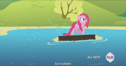 Size: 1439x762 | Tagged: safe, screencap, pinkie pie, earth pony, pony, maud pie (episode), hub logo, meme, solo, youtube caption