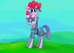 Size: 800x571 | Tagged: safe, artist:senx, maud pie, pinkie pie, earth pony, pony, maud pie (episode), animated, clothes, eyes closed, female, mare, open mouth, ponies riding ponies, smiling