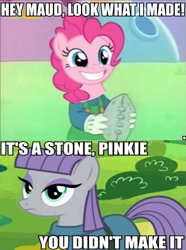 Size: 477x640 | Tagged: safe, maud pie, pinkie pie, earth pony, pony, maud pie (episode), american football, image macro, luigi, meme, reference, stone, stone/football argument, super mario bros., super mario world