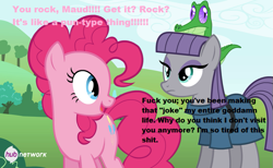 Size: 639x393 | Tagged: safe, maud pie, pinkie pie, earth pony, pony, maud pie (episode), image macro, meme, pink text, pun, text, vulgar