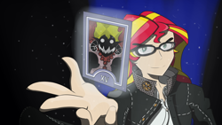 Size: 1024x576 | Tagged: safe, alternate version, artist:spacekingofspace, sunset satan, sunset shimmer, equestria girls, crossover, devil, female, glasses, human coloration, looking at you, persona, persona 4, solo, sunspecs shimmer, tarot card