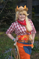 Size: 2022x3040 | Tagged: safe, artist:katiebobbaseball11, applejack, human, bandana, chaps, cosplay, irl, irl human, photo, rope, sakura con, solo