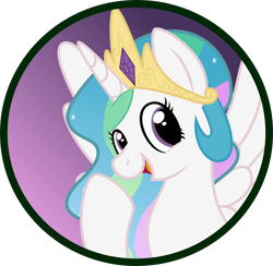 Size: 2702x2640 | Tagged: safe, artist:koonzypony, princess celestia, alicorn, pony, button, cute, cutelestia, happy, looking at you, open mouth, smiling, solo, spread wings