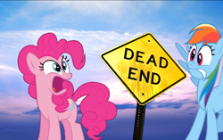 Size: 1434x900 | Tagged: safe, derpibooru import, pinkie pie, rainbow dash, earth pony, pegasus, pony, dead end, female, mare, sign